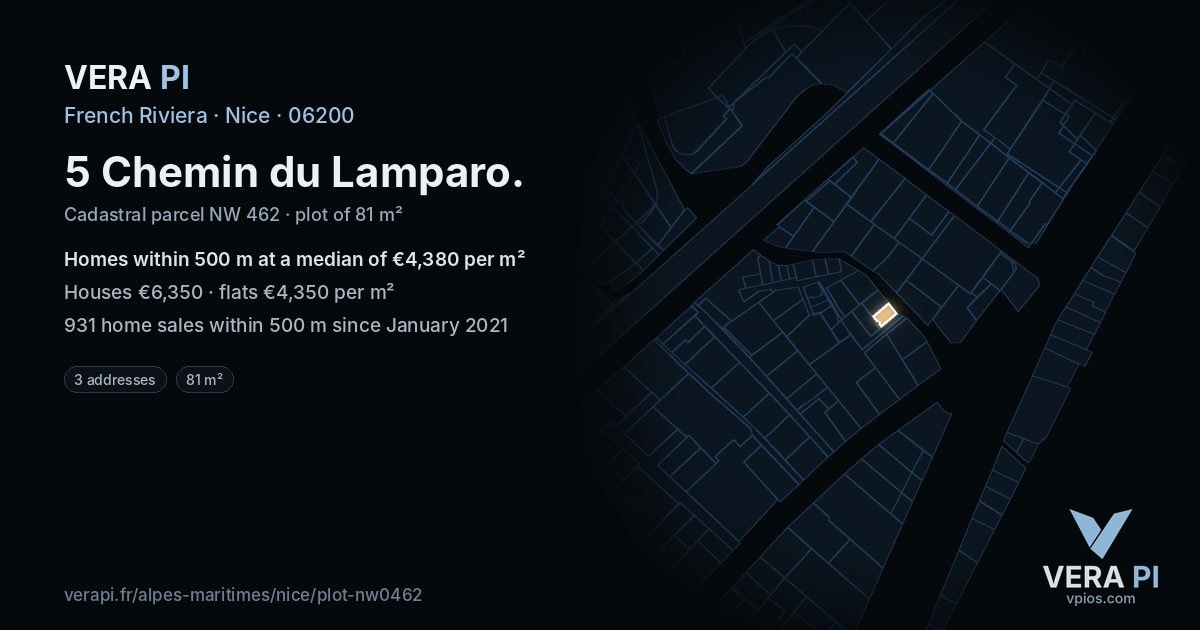 5 Chemin du Lamparo, Nice at night – the plot lit, the parcels around coloured by the prices near them