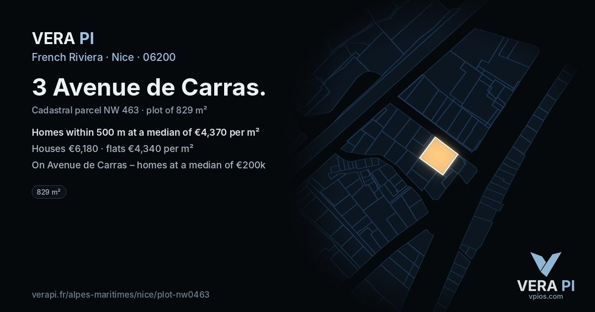 3 Avenue de Carras, Nice at night – the plot lit, the parcels around coloured by the prices near them