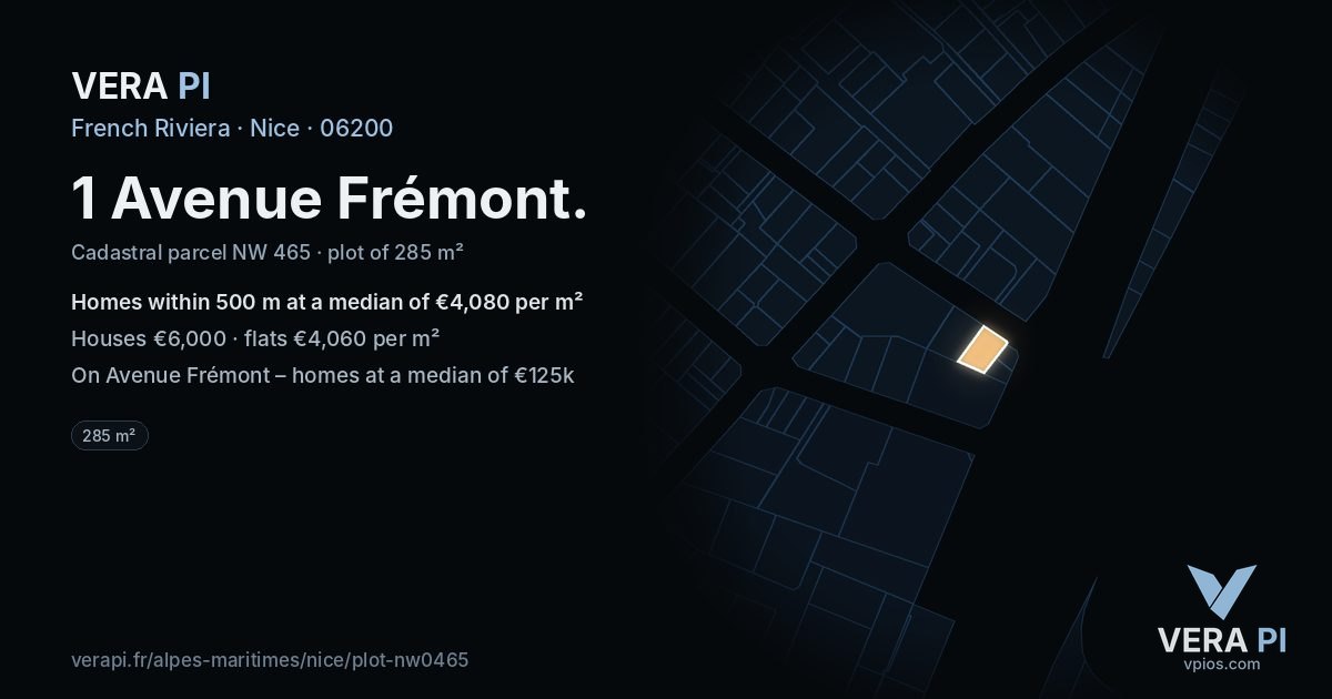 1 Avenue Frémont, Nice at night – the plot lit, the parcels around coloured by the prices near them