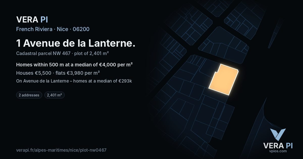 1 Avenue de la Lanterne, Nice at night – the plot lit, the parcels around coloured by the prices near them