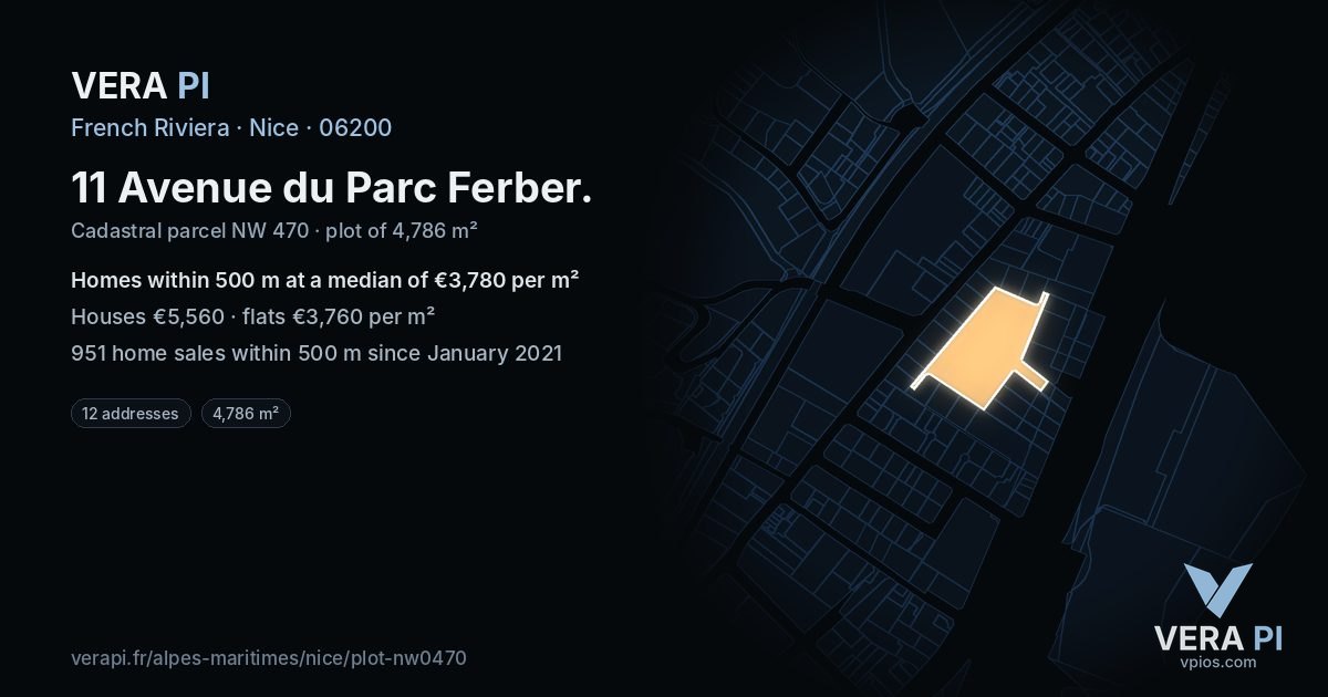 11 Avenue du Parc Ferber, Nice at night – the plot lit, the parcels around coloured by the prices near them