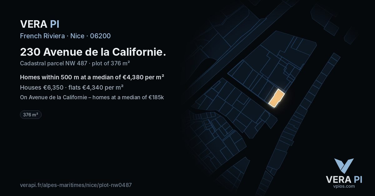 230 Avenue de la Californie, Nice at night – the plot lit, the parcels around coloured by the prices near them