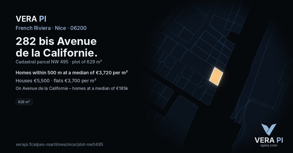 282 bis Avenue de la Californie, Nice at night – the plot lit, the parcels around coloured by the prices near them