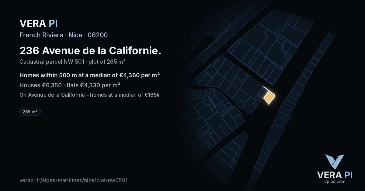 236 Avenue de la Californie, Nice at night – the plot lit, the parcels around coloured by the prices near them