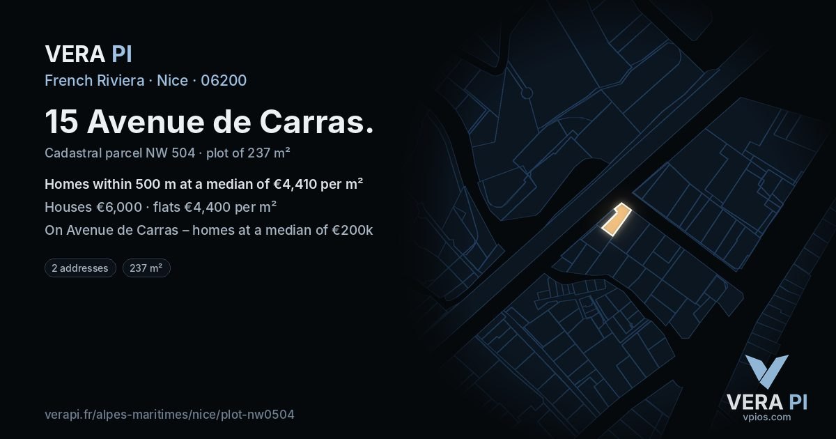 15 Avenue de Carras, Nice at night – the plot lit, the parcels around coloured by the prices near them