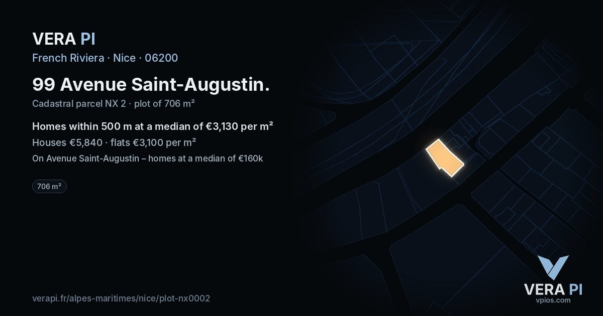 99 Avenue Saint-Augustin, Nice at night – the plot lit, the parcels around coloured by the prices near them