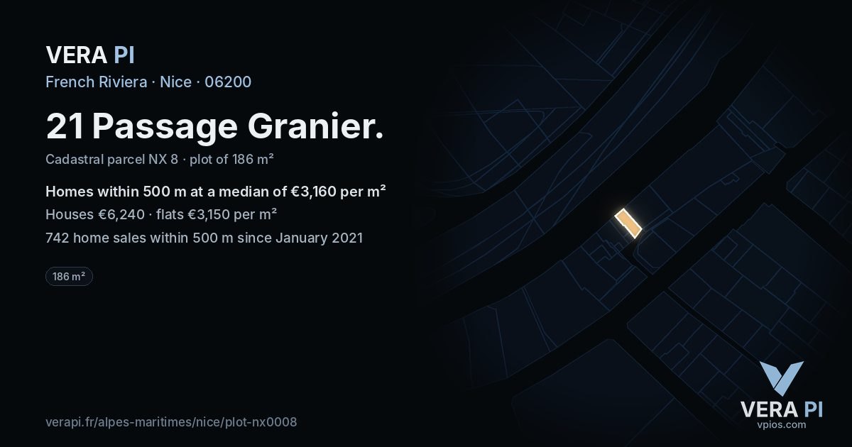 21 Passage Granier, Nice at night – the plot lit, the parcels around coloured by the prices near them