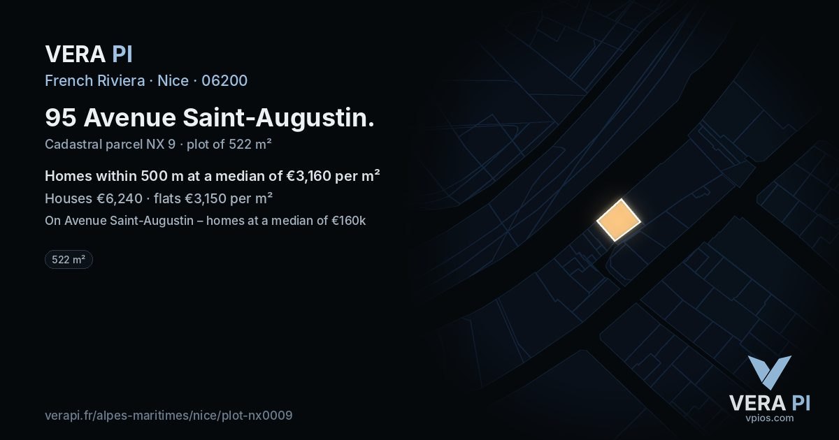 95 Avenue Saint-Augustin, Nice at night – the plot lit, the parcels around coloured by the prices near them