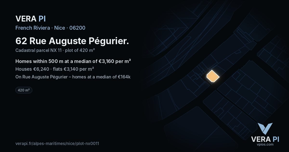 62 Rue Auguste Pégurier, Nice at night – the plot lit, the parcels around coloured by the prices near them