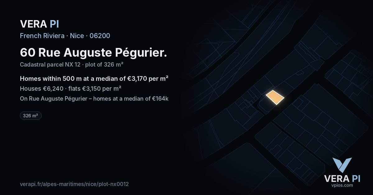 60 Rue Auguste Pégurier, Nice at night – the plot lit, the parcels around coloured by the prices near them