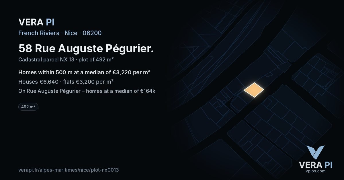 58 Rue Auguste Pégurier, Nice at night – the plot lit, the parcels around coloured by the prices near them