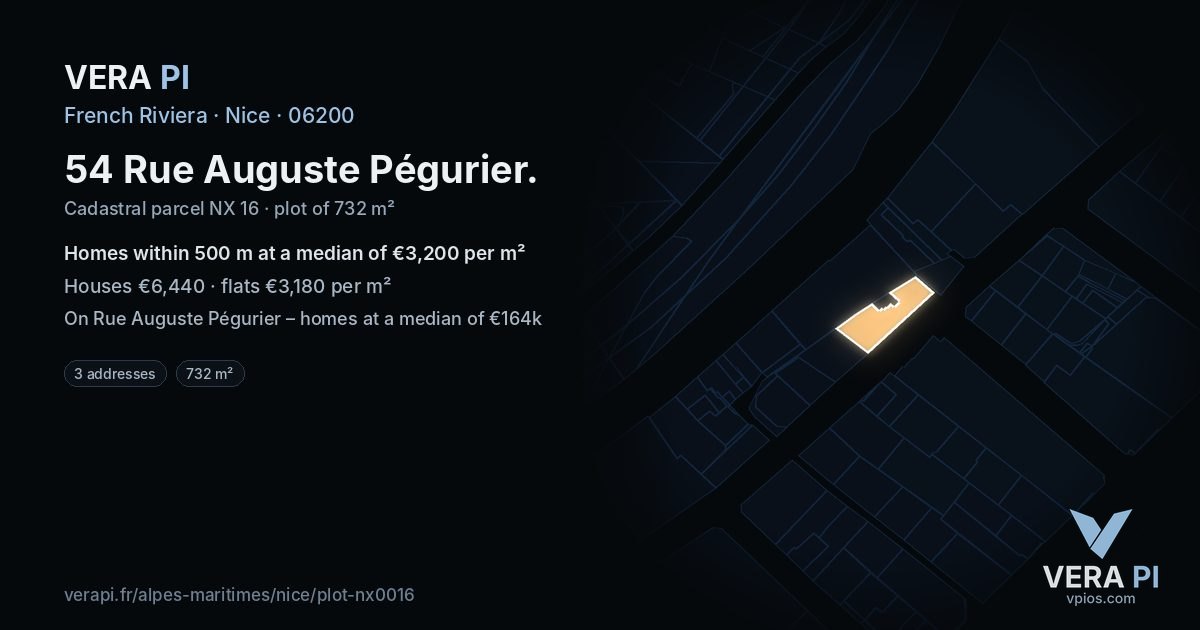 54 Rue Auguste Pégurier, Nice at night – the plot lit, the parcels around coloured by the prices near them