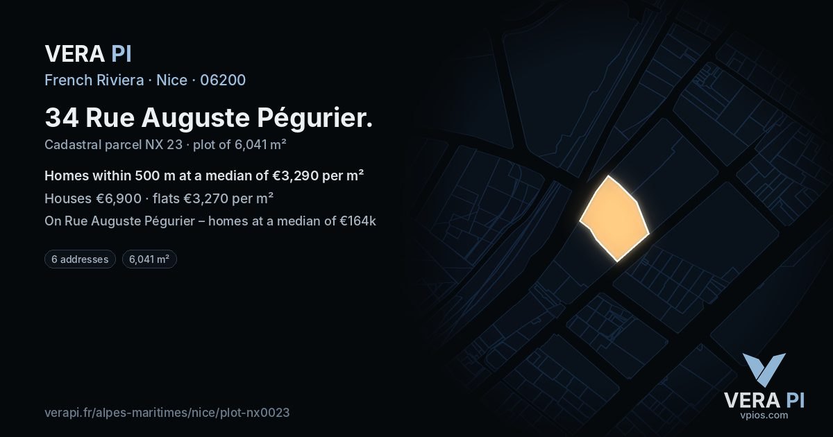34 Rue Auguste Pégurier, Nice at night – the plot lit, the parcels around coloured by the prices near them