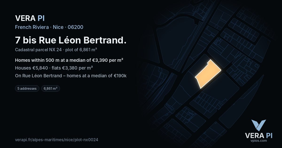 7 bis Rue Léon Bertrand, Nice at night – the plot lit, the parcels around coloured by the prices near them