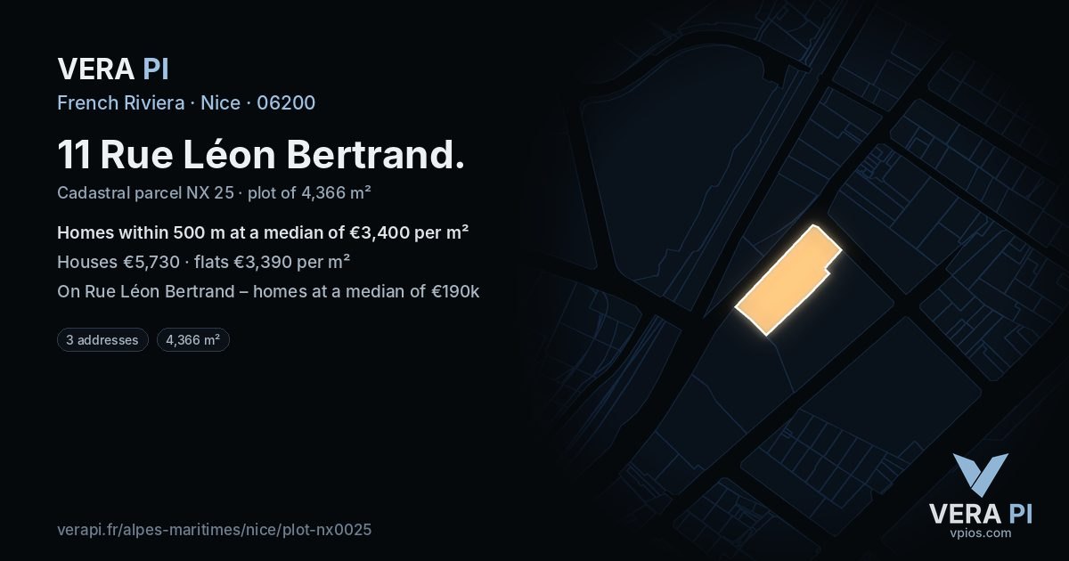 11 Rue Léon Bertrand, Nice at night – the plot lit, the parcels around coloured by the prices near them