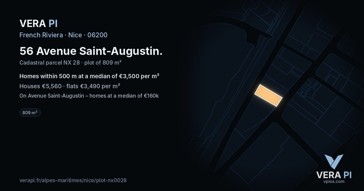 56 Avenue Saint-Augustin, Nice at night – the plot lit, the parcels around coloured by the prices near them