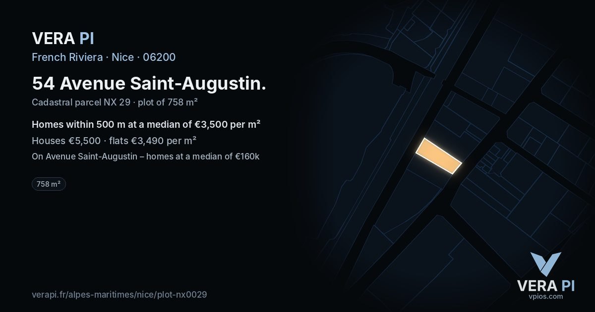 54 Avenue Saint-Augustin, Nice at night – the plot lit, the parcels around coloured by the prices near them