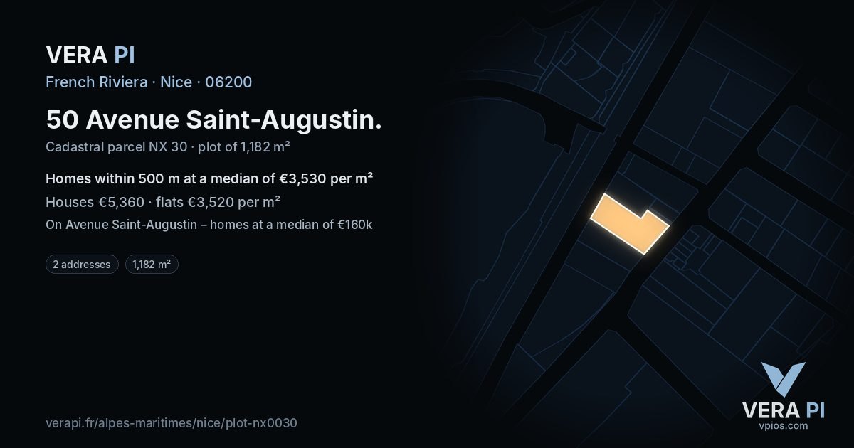 50 Avenue Saint-Augustin, Nice at night – the plot lit, the parcels around coloured by the prices near them