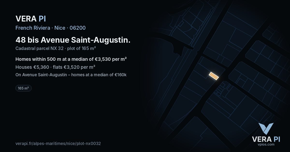 48 bis Avenue Saint-Augustin, Nice at night – the plot lit, the parcels around coloured by the prices near them