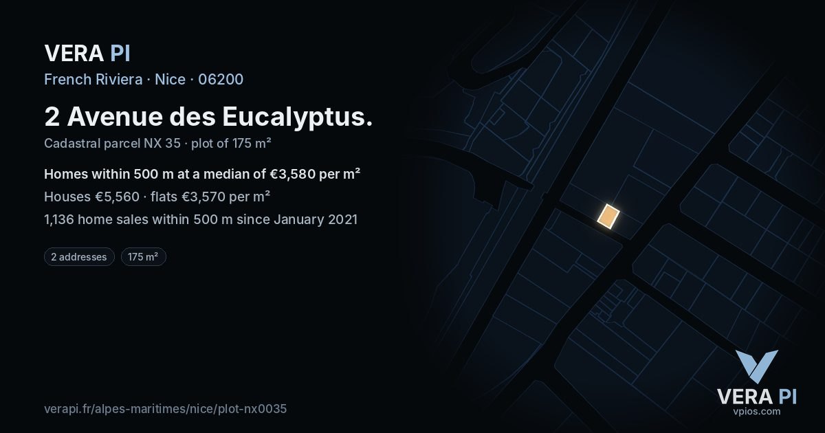 2 Avenue des Eucalyptus, Nice at night – the plot lit, the parcels around coloured by the prices near them