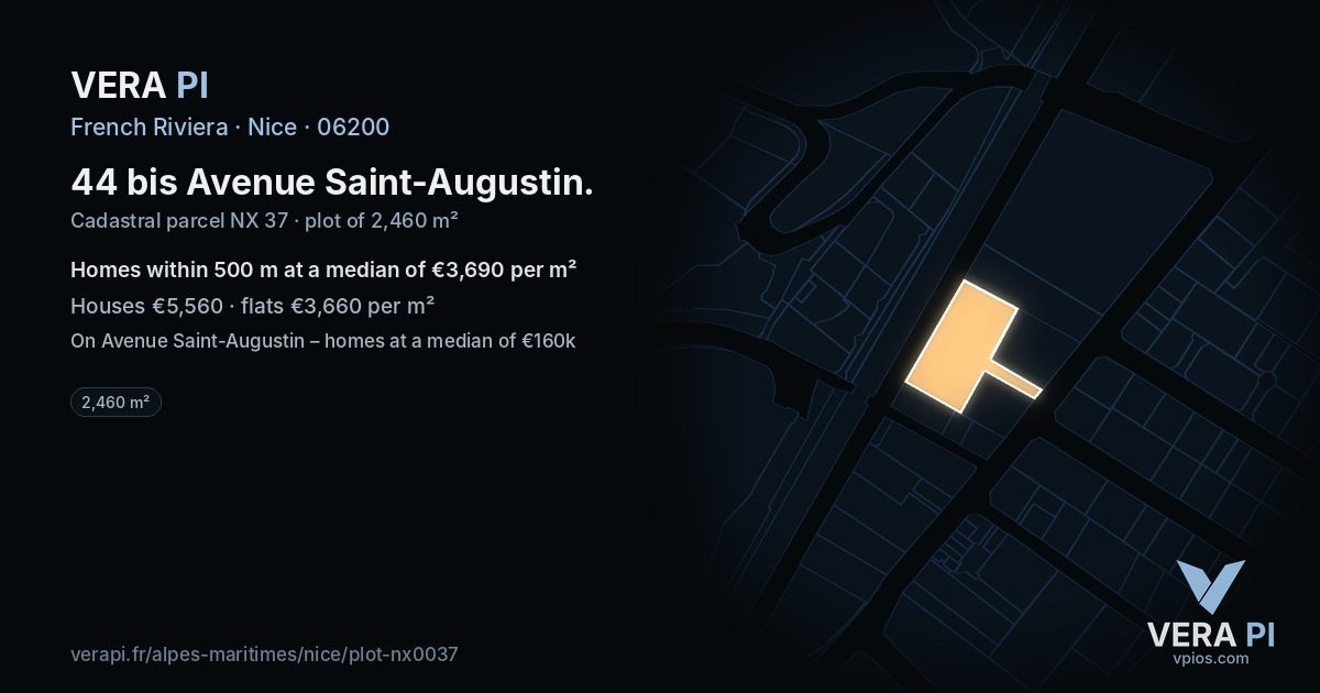 44 bis Avenue Saint-Augustin, Nice at night – the plot lit, the parcels around coloured by the prices near them