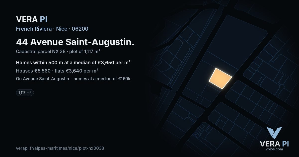 44 Avenue Saint-Augustin, Nice at night – the plot lit, the parcels around coloured by the prices near them