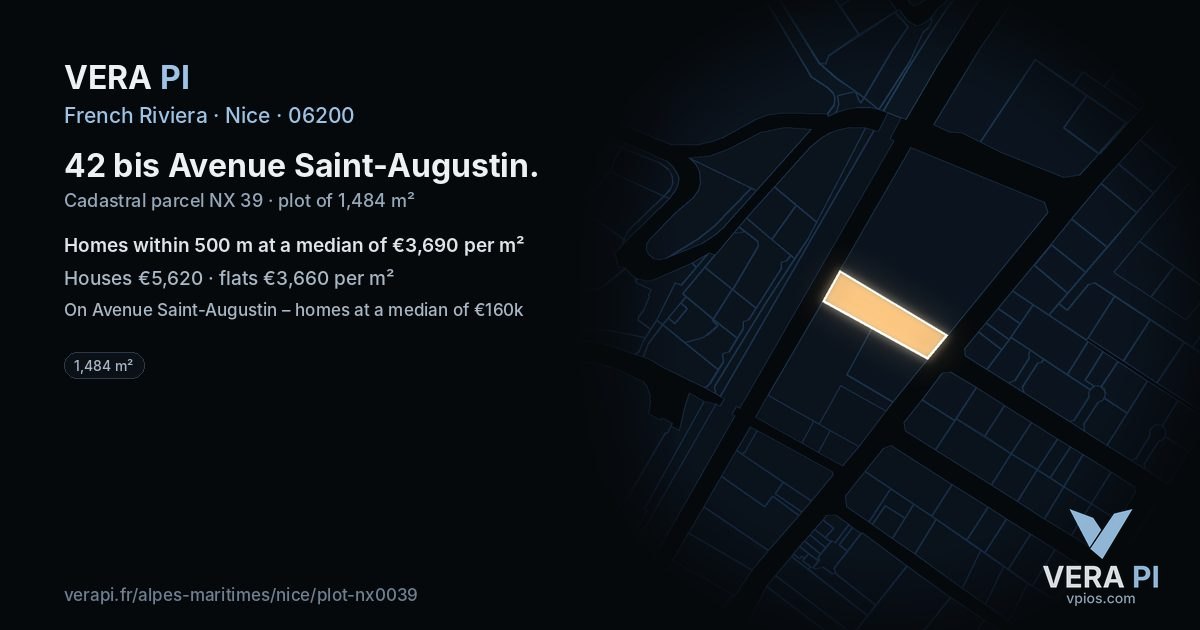 42 bis Avenue Saint-Augustin, Nice at night – the plot lit, the parcels around coloured by the prices near them