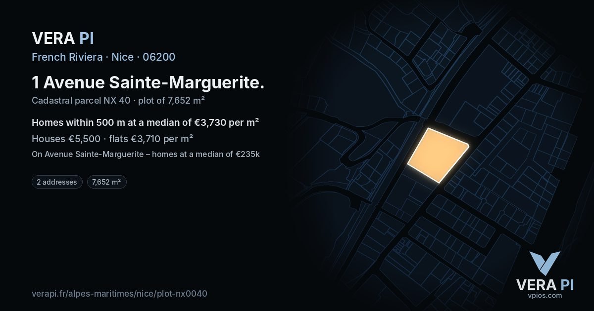 1 Avenue Sainte-Marguerite, Nice at night – the plot lit, the parcels around coloured by the prices near them