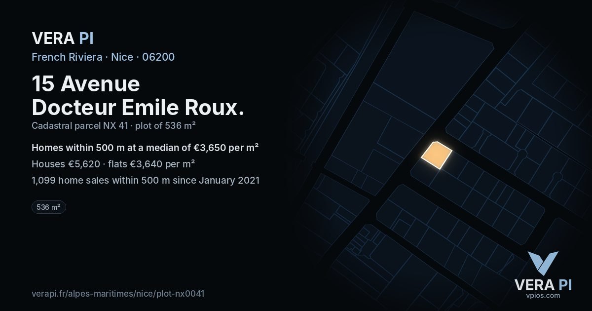 15 Avenue Docteur Emile Roux, Nice at night – the plot lit, the parcels around coloured by the prices near them