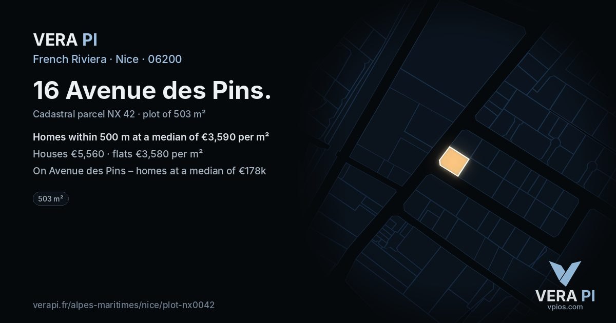 16 Avenue des Pins, Nice at night – the plot lit, the parcels around coloured by the prices near them