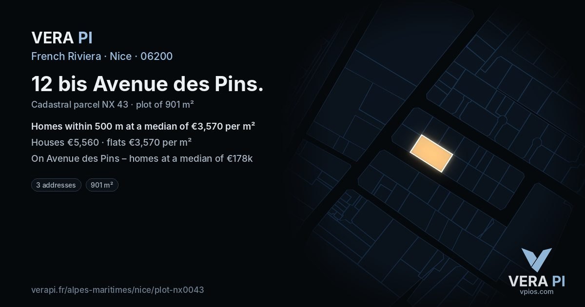 12 bis Avenue des Pins, Nice at night – the plot lit, the parcels around coloured by the prices near them