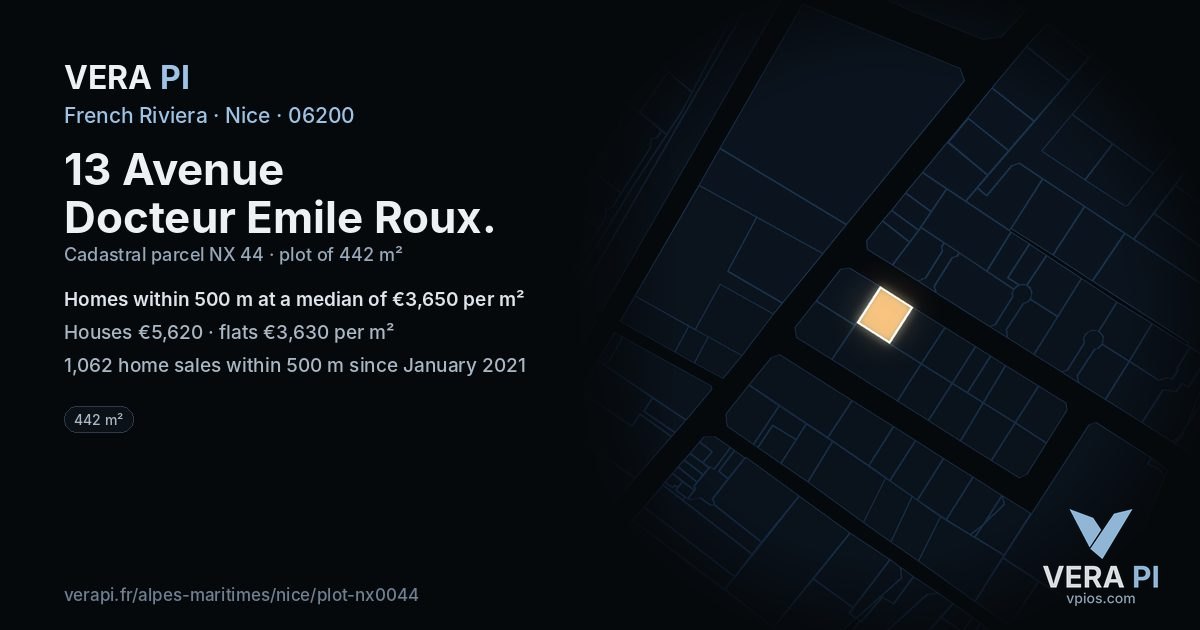 13 Avenue Docteur Emile Roux, Nice at night – the plot lit, the parcels around coloured by the prices near them
