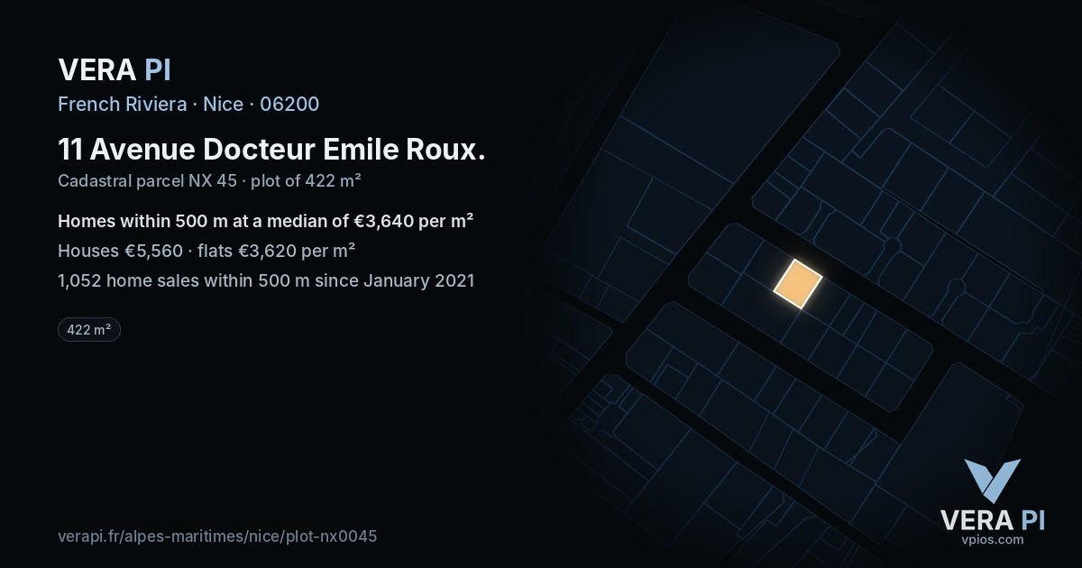 11 Avenue Docteur Emile Roux, Nice at night – the plot lit, the parcels around coloured by the prices near them