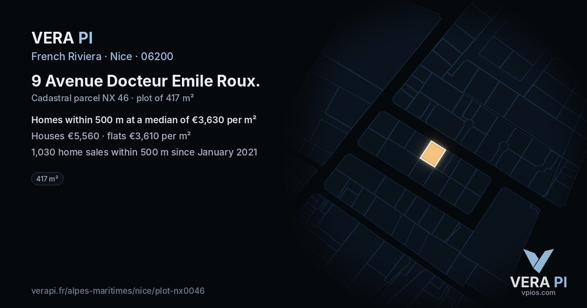 9 Avenue Docteur Emile Roux, Nice at night – the plot lit, the parcels around coloured by the prices near them