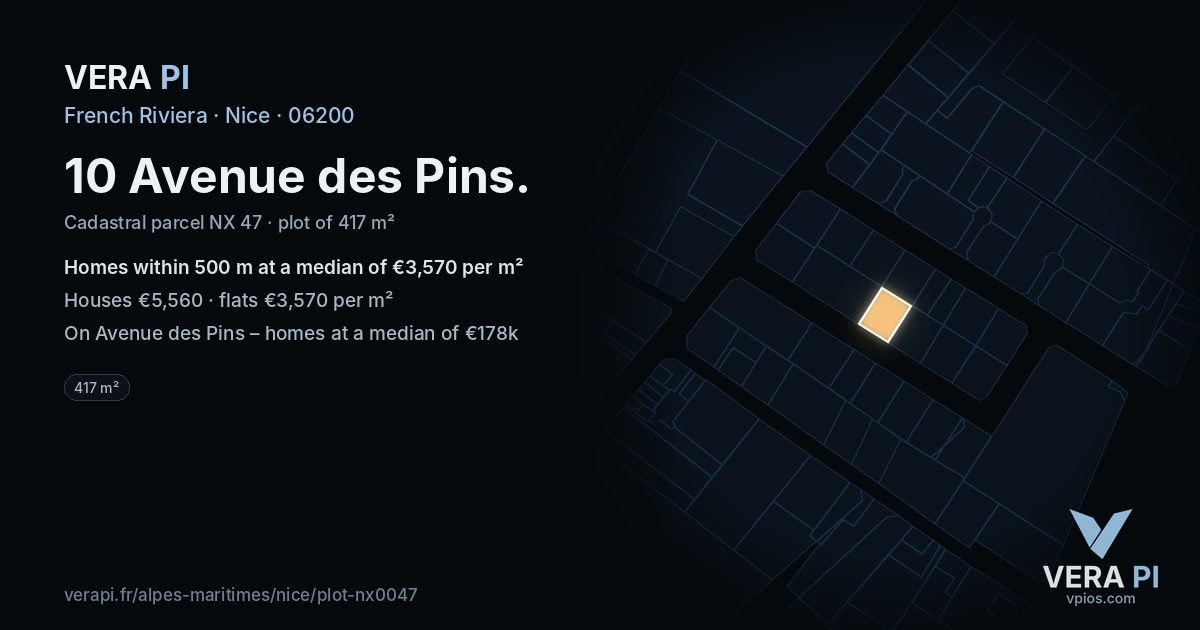 10 Avenue des Pins, Nice at night – the plot lit, the parcels around coloured by the prices near them