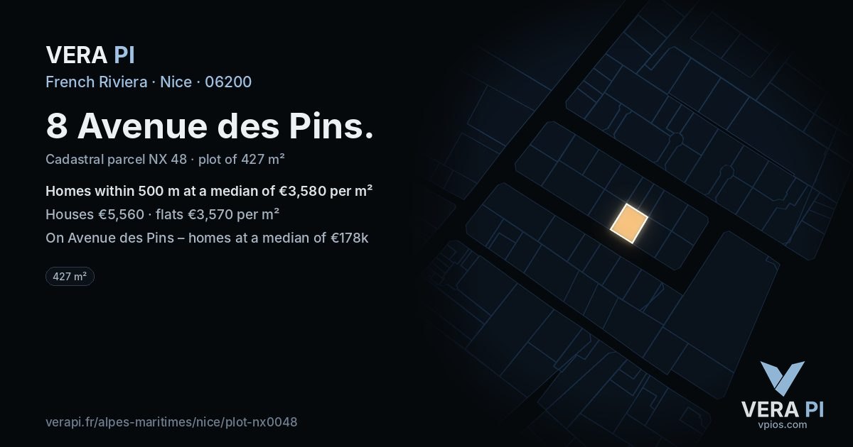 8 Avenue des Pins, Nice at night – the plot lit, the parcels around coloured by the prices near them