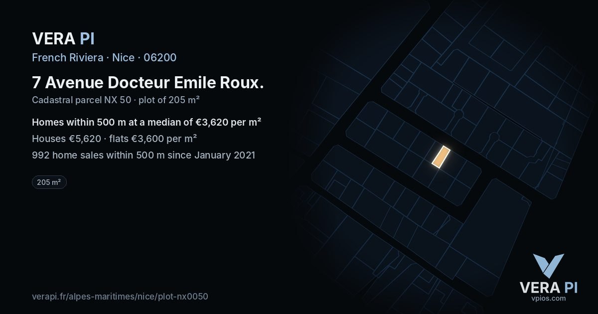 7 Avenue Docteur Emile Roux, Nice at night – the plot lit, the parcels around coloured by the prices near them