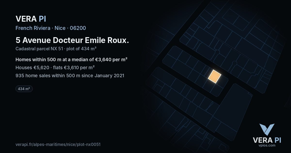 5 Avenue Docteur Emile Roux, Nice at night – the plot lit, the parcels around coloured by the prices near them