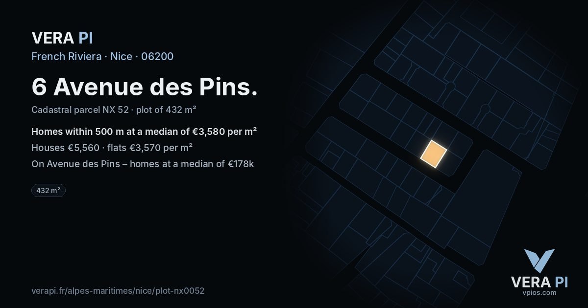 6 Avenue des Pins, Nice at night – the plot lit, the parcels around coloured by the prices near them