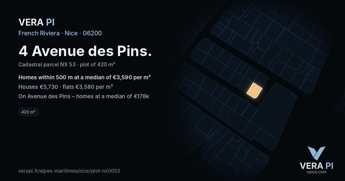 4 Avenue des Pins, Nice at night – the plot lit, the parcels around coloured by the prices near them