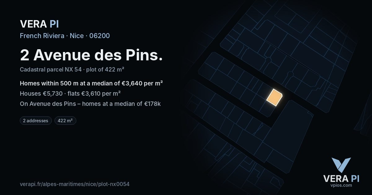 2 Avenue des Pins, Nice at night – the plot lit, the parcels around coloured by the prices near them