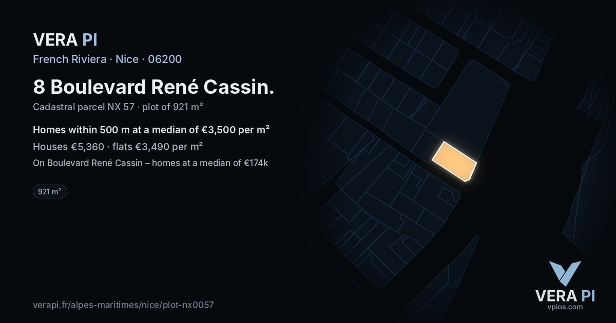 8 Boulevard René Cassin, Nice at night – the plot lit, the parcels around coloured by the prices near them