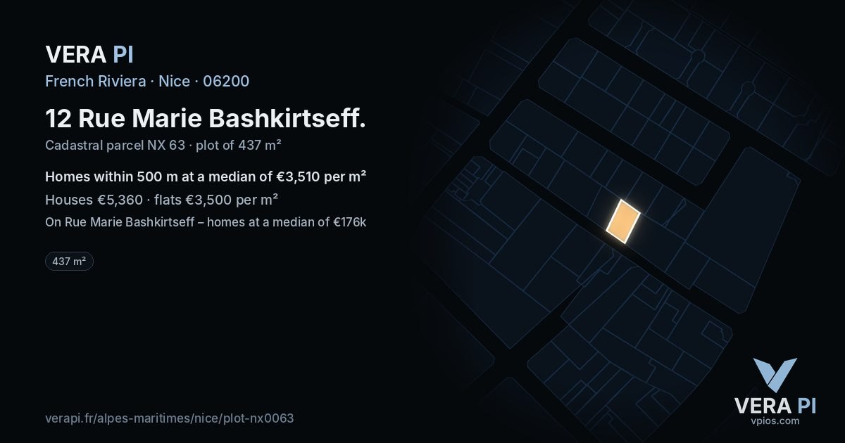 12 Rue Marie Bashkirtseff, Nice at night – the plot lit, the parcels around coloured by the prices near them