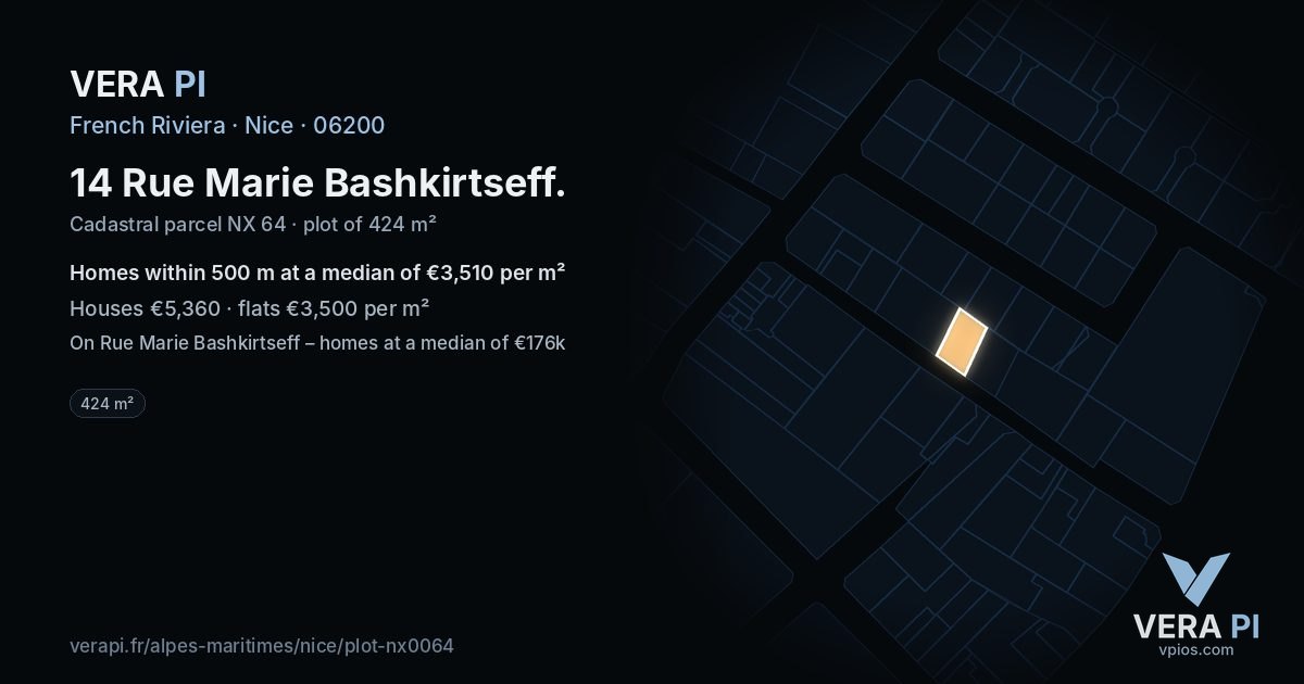 14 Rue Marie Bashkirtseff, Nice at night – the plot lit, the parcels around coloured by the prices near them