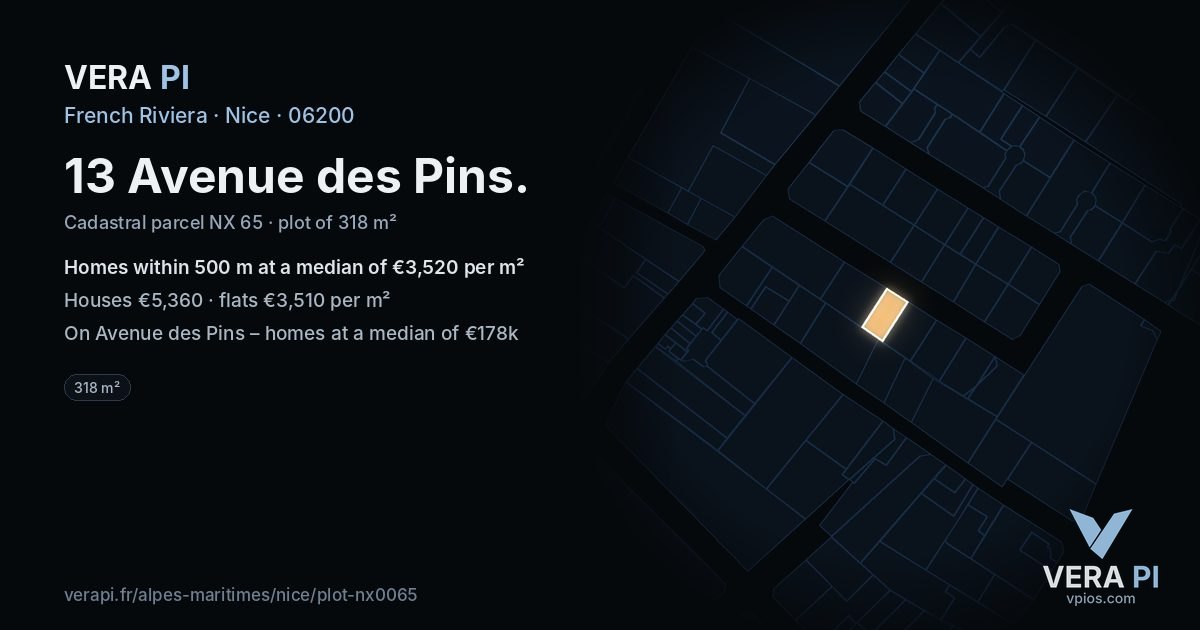 13 Avenue des Pins, Nice at night – the plot lit, the parcels around coloured by the prices near them