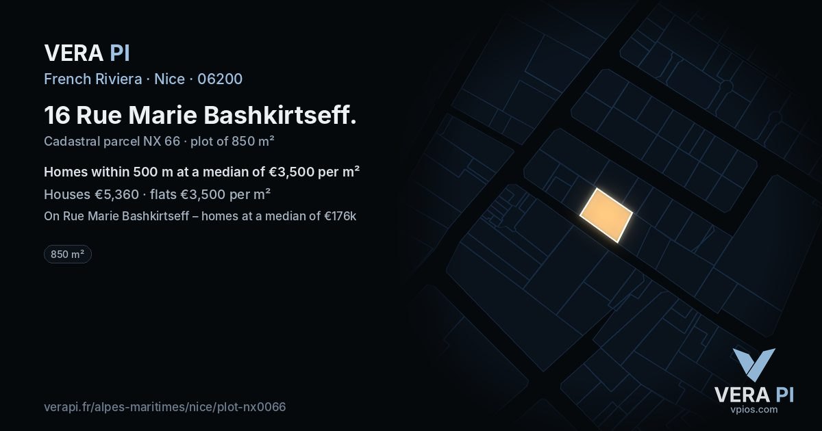 16 Rue Marie Bashkirtseff, Nice at night – the plot lit, the parcels around coloured by the prices near them