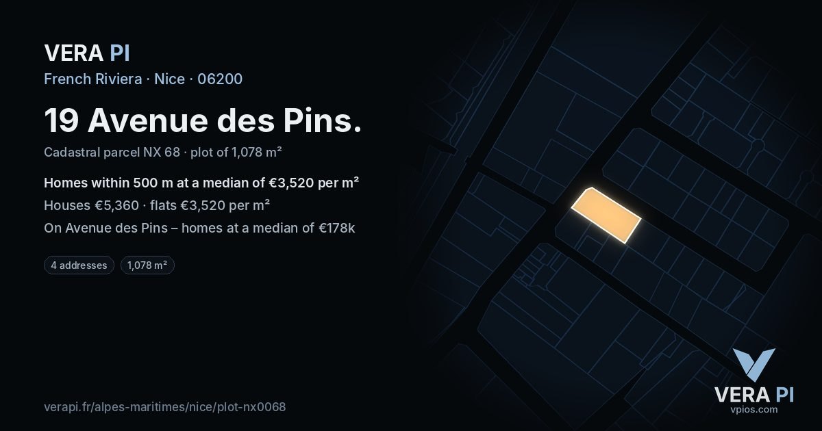 19 Avenue des Pins, Nice at night – the plot lit, the parcels around coloured by the prices near them