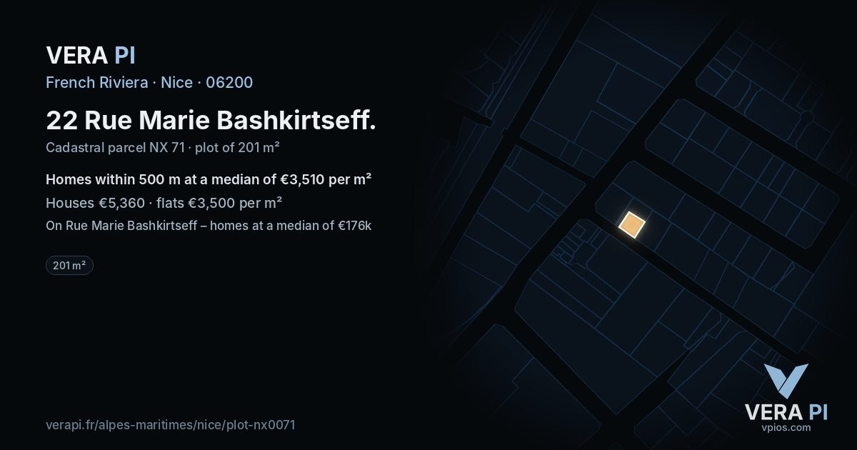 22 Rue Marie Bashkirtseff, Nice at night – the plot lit, the parcels around coloured by the prices near them