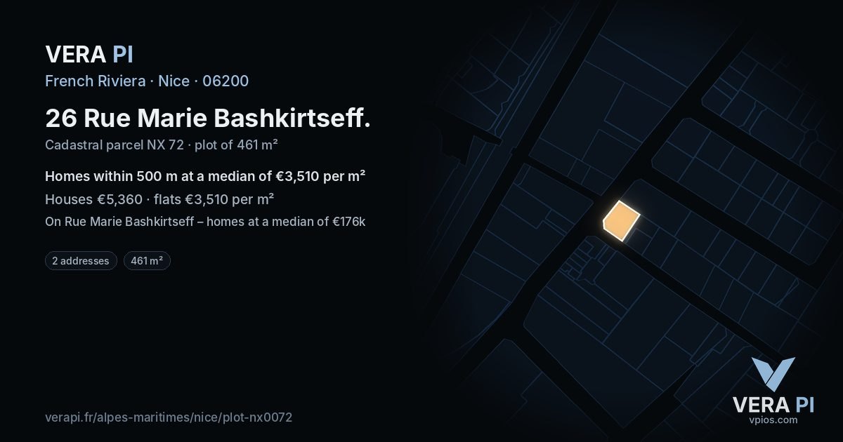 26 Rue Marie Bashkirtseff, Nice at night – the plot lit, the parcels around coloured by the prices near them