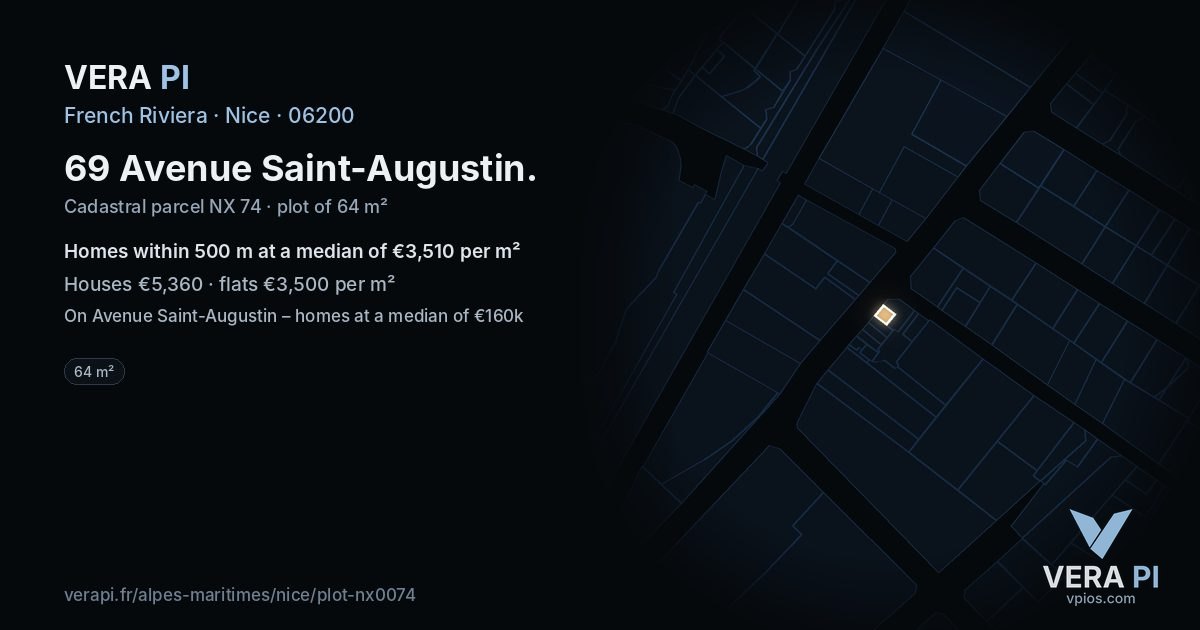 69 Avenue Saint-Augustin, Nice at night – the plot lit, the parcels around coloured by the prices near them
